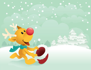 Fototapeta na wymiar Illustration Little Rudolph running to catch the first snow.