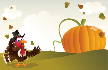 Obraz na płótnie Canvas Cartoon illustration of a pilgrim turkey standing in front of a giant pumpkin.