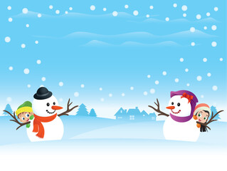 Illustration of a snowman couple with kids hiding behind them. Good spacing for custom text. Great for any Valentine or Christmas needs.