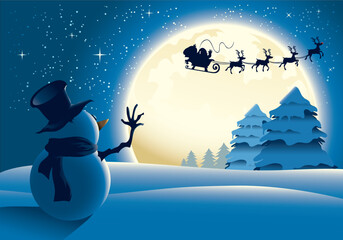 Naklejka premium Lonely Snowman waving to Santa and his sleigh in a distance, with full moon background.