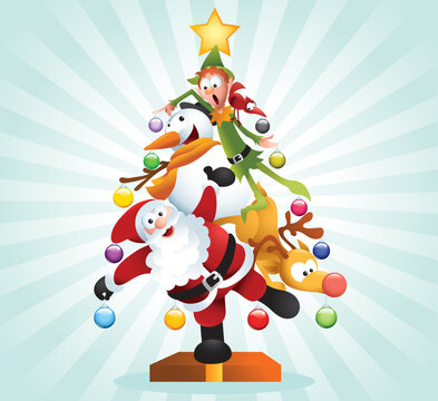 Funny Christmas illustration with famous characters forming up to create a big Xmas tree.