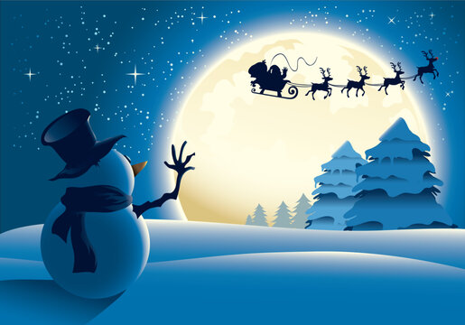 Lonely Snowman waving to Santa and his sleigh in a distance, with full moon background.