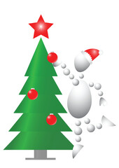 Man decorate christmas fur-tree. Abstract 3d-human series from balls. Variant of white isolated on white background. A fully editable vector illustration for your design.