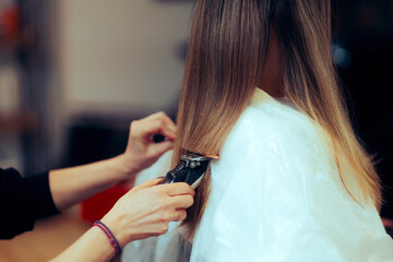 Hairdresser Cutting Straight Hair Using a Hair Trimmer. Professional hairstylist using hair...