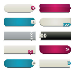 Ten call to action buttons, with different styles and shapes. Made with Global Swatches.