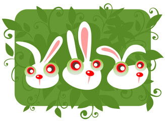 Three cartoon rabbits and grass on a green background.