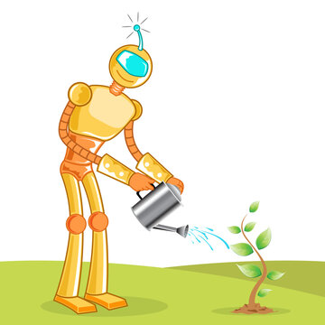 illustration of robot gardening tree