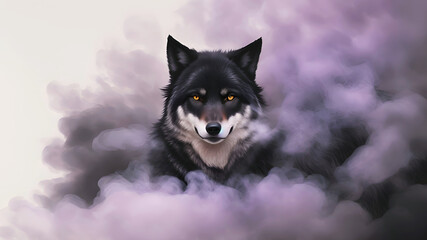 Black wolf in a cloud of smoke. Rendered image, dark background