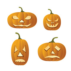 Four yellow halloween pumpkins on white background, isolated