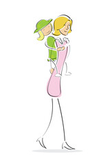 illustration of mother giving her daughter piggy-back ride on an isolated background