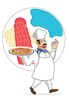 illustration of chef with pizza and leaning tower of pissa at in background