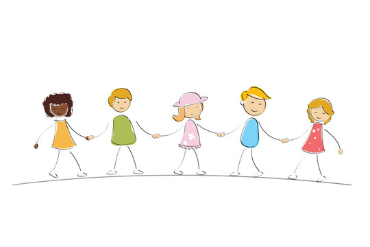 illustration of multi racial kids holding hands on isolated background