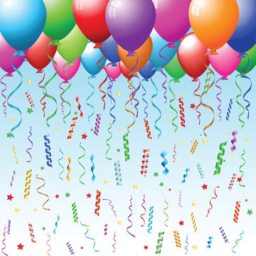 Party background with balloons, confetti and streamers