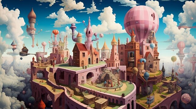 Majestic Landscape Artwork of the Fourth Dimension with Surreal, Colorful and Dynamic Composition in a Fantasy Landscape View. Whimsical Artwork. Abstract Drawing Painting Illustration. Generative AI.