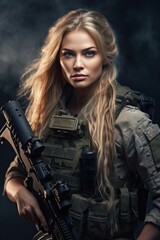 Fototapeta premium Portrait female soldiers with guns on the black background AI Generative