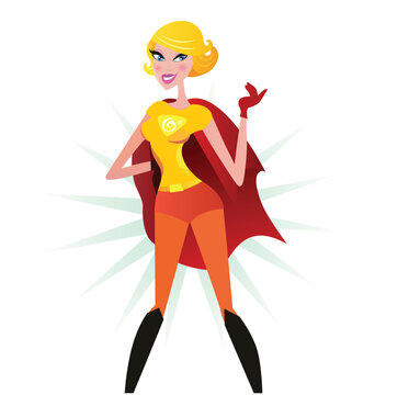 Sexy superwoman in red costume. She is strong and powerful. Vector Illustration of sexy super woman isolated on white background.