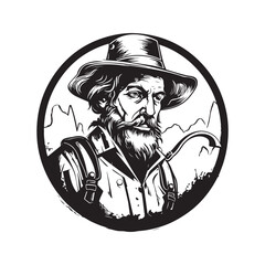 miserable prospector, vintage logo line art concept black and white color, hand drawn illustration