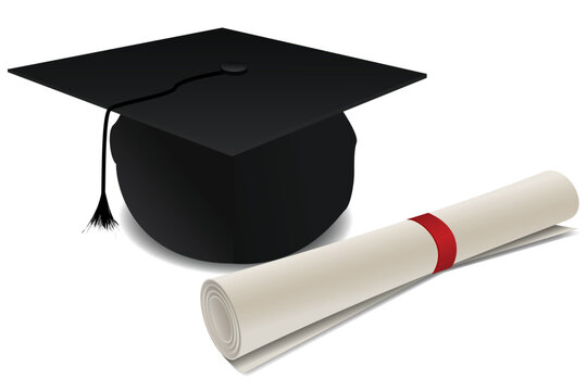illustration of doctorate hat with degree on white background