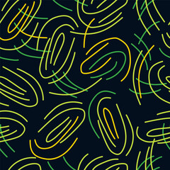 Geometric abstract seamless pattern. Scattered curved lines on black background. Vector illustration for wallpaper, packaging, textile, modern design.