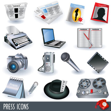 Collection of press and papers icons over white background.