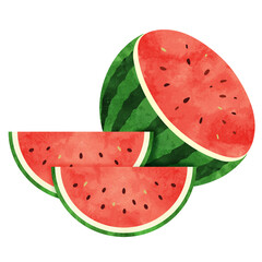 スマイルカットしたスイカと半分に切ったスイカの水彩イラスト