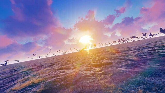 Morning sunrise on the sea and seagulls flying