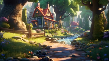 Fairy Town. Cartoon style scene. Cute and Cozy Neighborhood. Drawing Painting Illustration. Generative AI. - 608061393