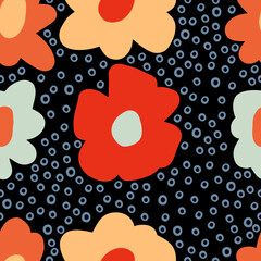 Tropical flowers summer seamless pattern in 1970 retro style. Perfect print for tee, paper, textile and fabric. Floral vector illustration for decor and design.