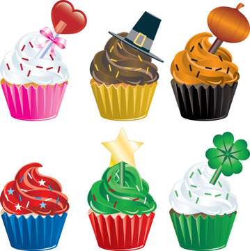 Vector of six different Holiday Cupcakes. Christmas, Halloween, Thanksgiving, Valentines Day , Independence Day and St. Patricks Day.