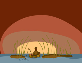 Man in boat with fishing among tall reeds at sunrise