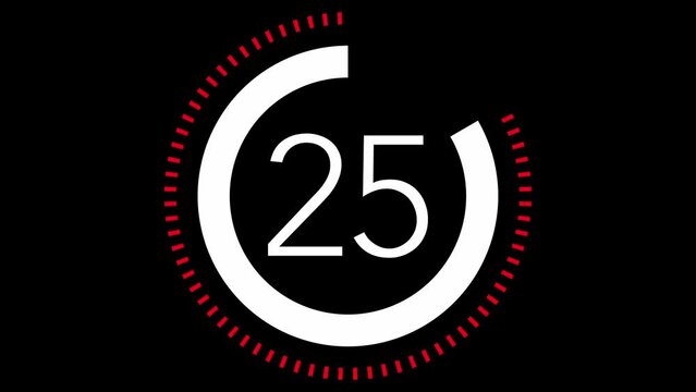 30 seconds dashed line circle countdown timer. Red and White on Black background. Stylish simple design. Vehicle or machine part concept	