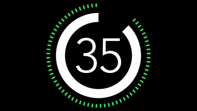 40 seconds dashed line circle countdown timer. Green and White on Black background. Stylish simple design. Vehicle or machine part concept	