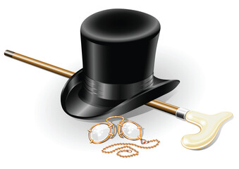 set of retro accessories with hat walkingstick and pince-nez point vector illustration, isolated on white background - obrazy, fototapety, plakaty