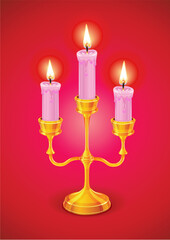 gold candlestick with three burning candle vector illustration