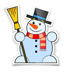 sticker of smiling snowman in top hat with broom vector illustration isolated on white background
