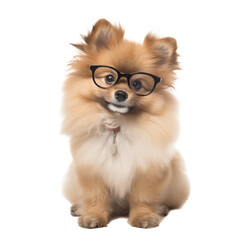fluffy puppy wearing glasses isolated on a transparent background