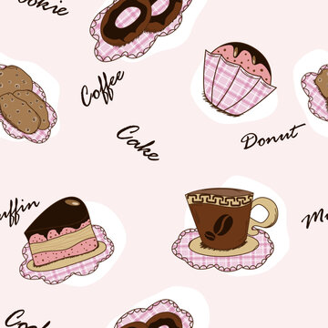 Vector seamless background with cakes, cookies, muffins and coffee