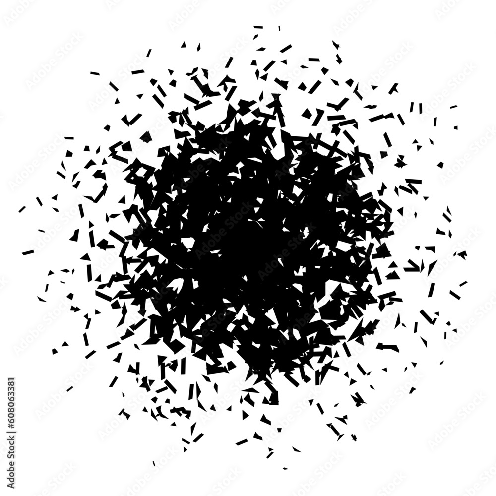 Poster shatters and debris in radial shape. black broken pieces, specks, speckles and particles. abstract e