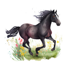 watercolor painting beautiful black horse On white background with clipping path. generative AI