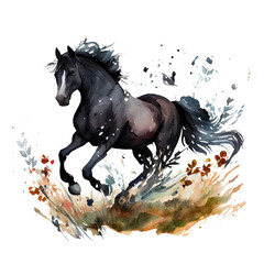 watercolor painting beautiful black horse On white background with clipping path. generative AI