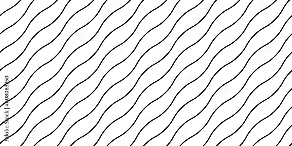 Poster Wavy lines seamless pattern. Undulate stripes repeating background. Black white diagonal waves texture. Simple curved linear wallpaper. Textile and fabric design template. Vector