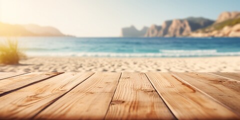 Wooden board on the beach with light exposure AI Generative