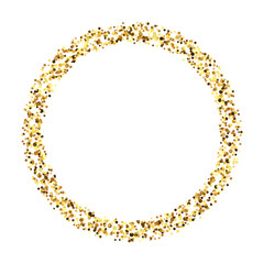 Golden confetti circle frame. Glowing dotted glitter background. Simple gold dots round form. Sparkling halftone ring. Christmas decoration element. Vector illustration 