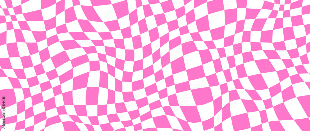Poster Trippy distorted checkerboard background. Pink and white retro psychedelic checkered wallpaper. Wavy groovy chessboard surface. Twisted geometric pattern. Abstract vector backdrop