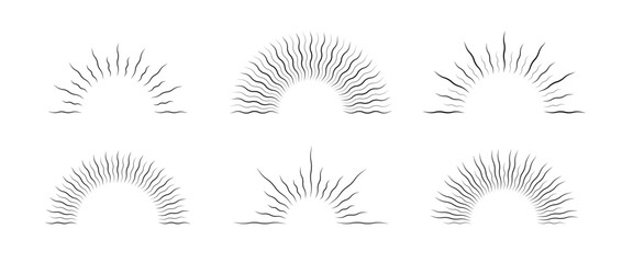 Half curved sunburst frame set. Vintage sunrise and sunset collection. Warped half circle sunlight rays set. Retro sunbeams design element for logo, labels, badges, banners. Vector