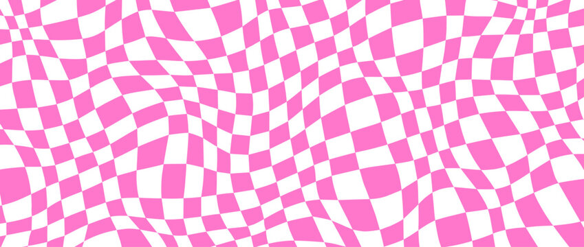 Trippy distorted checkerboard background. Pink and white retro psychedelic checkered wallpaper. Wavy groovy chessboard surface. Twisted geometric pattern. Abstract vector backdrop