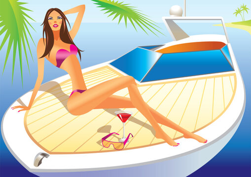 beautiful woman with bathing suit on the luxury yacht - vector illustration