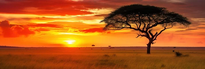 Fotobehang Portrait sunset on the savanna with tree AI Generative © Tebha Workspace