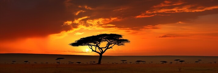 Portrait sunset on the savanna with tree AI Generative