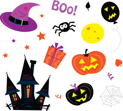 Vector halloween icons - spider, balloon, moon, pumpkin head and scary haunted house